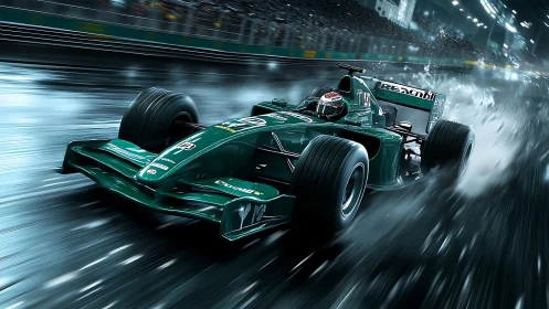 Green F1 car racing through wet illuminated city circuit.