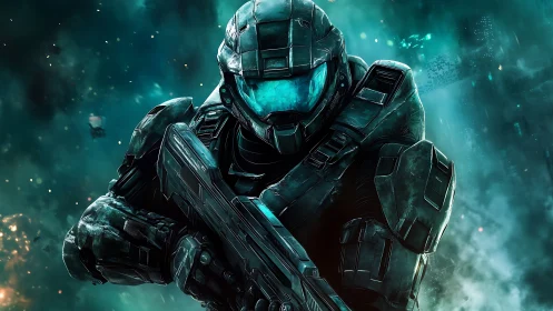 Armored space marine advances through teal-lit combat haze