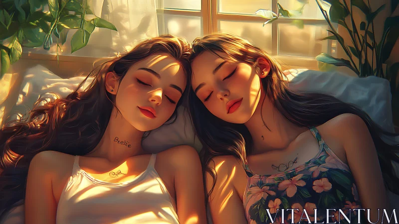 Two women rest peacefully in golden sunlight streaming through windows.