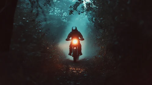 Motorcyclist rides through misty forest tunnel at night
