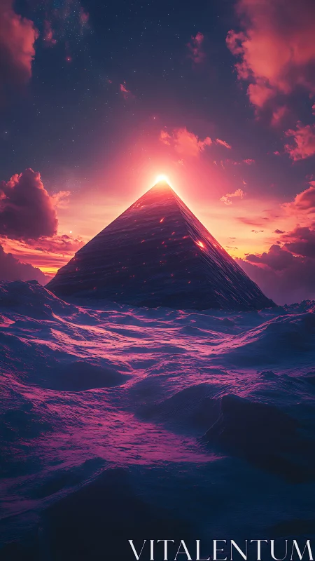 Luminous pyramid rises over glowing alien dunes at sunset