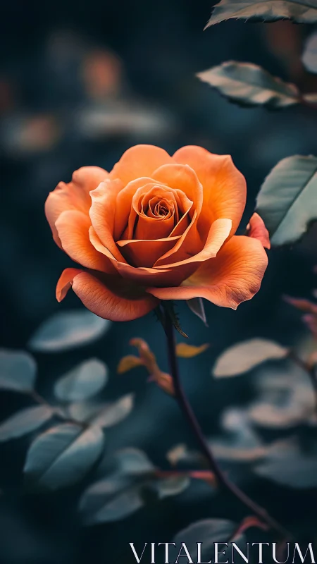 Orange rose bloom with soft-focused foliage background