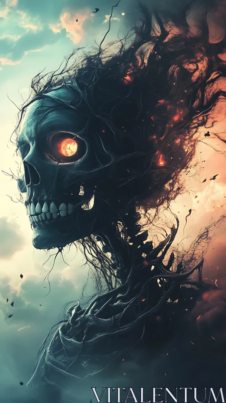 Stormlit skeletal spirit with burning cosmic eye at dusk.