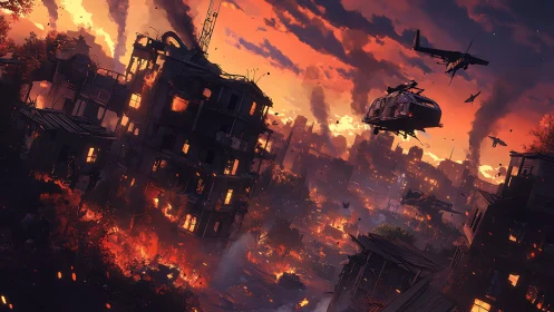 Tilted urban firestorm with rotary evac under crimson sky.