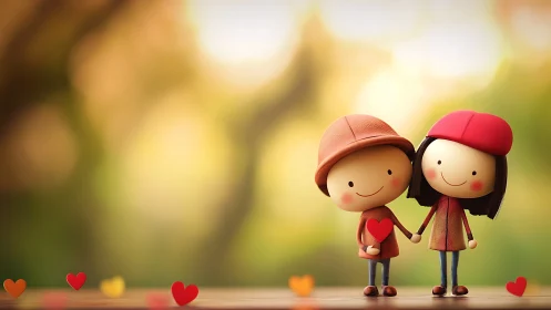 Two cartoon figures hold hands with red hearts scattered around them.