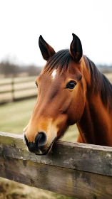 Brown horse head at wooden paddock fence in rural setting.
