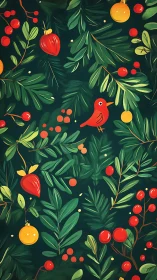 Festive red bird amid stylized evergreen foliage pattern.