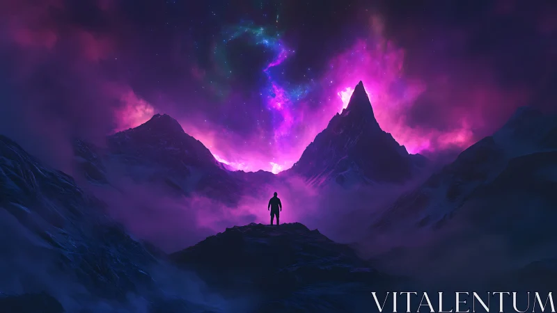 Digital painting of cosmic-lit mountainscape with lone figure.