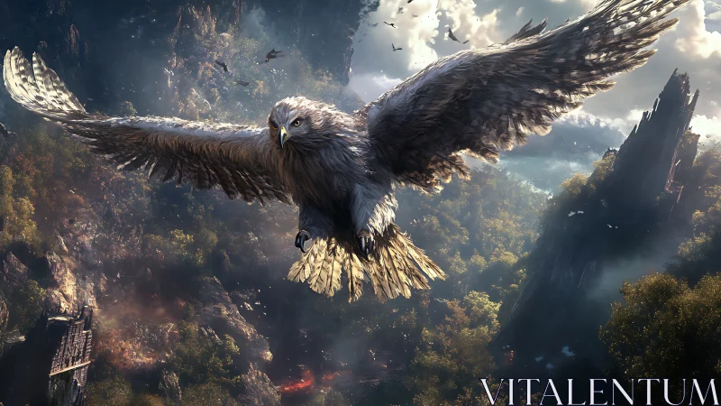 Majestic Eagle Soars Over Mystical Forest in Fantasy Artwork.