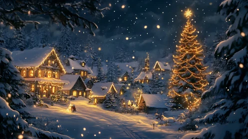 Snowy village street glows under towering Christmas tree
