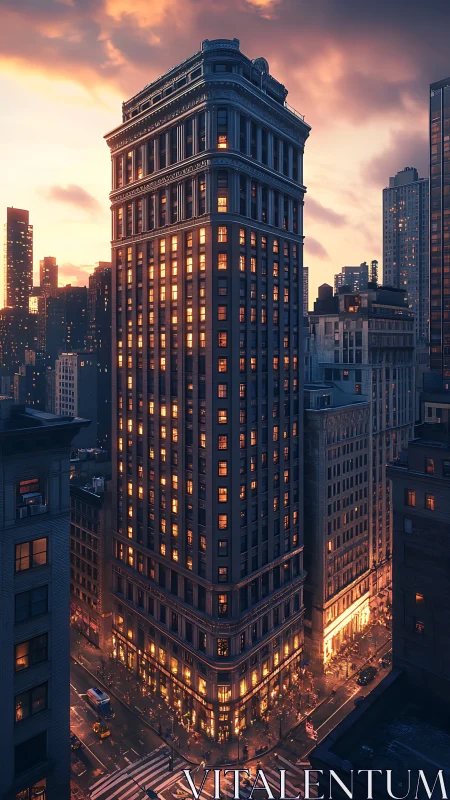 Sunlit historic tower dominates dense evening cityscape