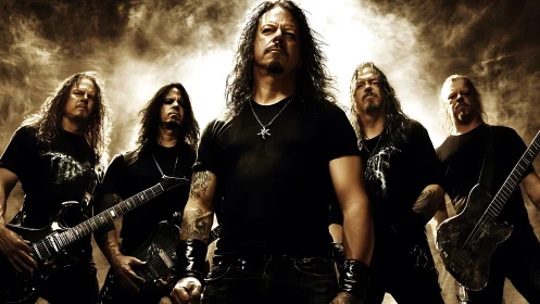 Metal band members stand in staged studio lighting formation