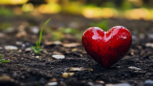 Red heart-shaped object rests on dark soil ground with blurred foliage background