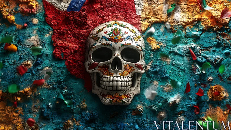 Textured sugar skull relief against fragmented tricolor wall.
