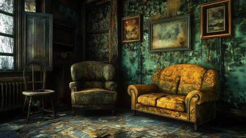 Decaying teal parlor with distressed gold velvet seating.