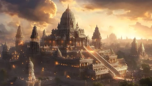 Sunlit monumental temple city rising through golden mist.