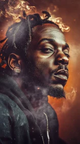 Side profile portrait in smoke with warm orange backdrop.