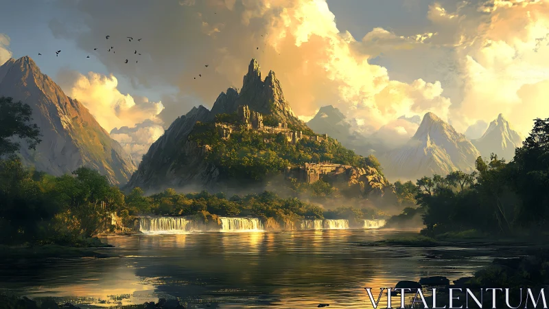 Mountainous fortress landscape rendered with volumetric atmospheric lighting and golden hour illumin