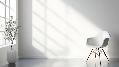 Minimalist white chair in sunlit modern interior space.