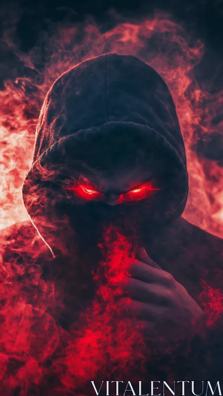 Hooded figure with red glowing eyes in dense red smoke.