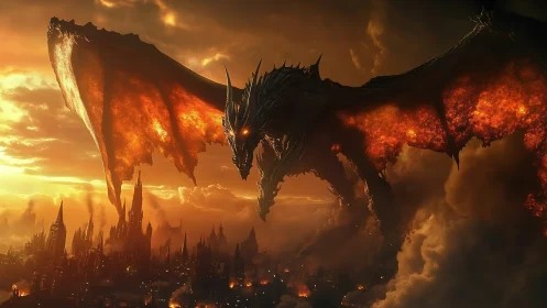 Volcanic-winged dragon dominates burning gothic city skyline at dusk