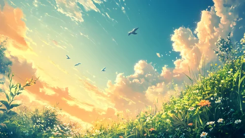 Wide-angle hillside meadow under volumetric sunset clouds and birds