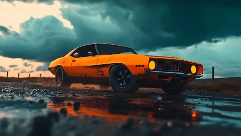 Muscle car blazes through stormy road under teal skies