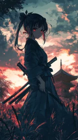 Red-eyed dusk samurai girl guarding temple horizons.