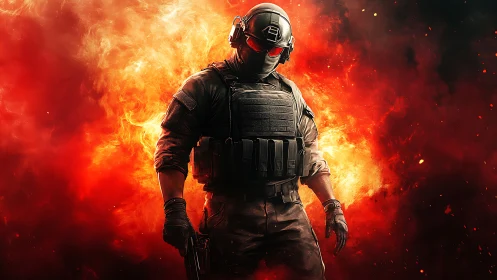 Armored tactical soldier standing before intense flames.