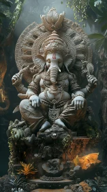 Ornate stone Ganesha statue in misty, foliage-lined shrine.