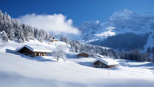 Snow-covered alpine chalets sit below towering winter mountains