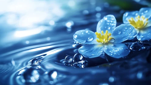 Blue water flowers with dewdrops floating on crystalline surface.