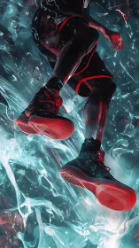 Lower body of athlete in red sneakers amid fluid forms.