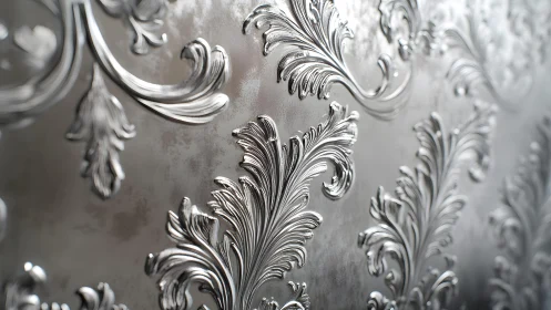 Ornate silver baroque pattern wallpaper with embossed texture.