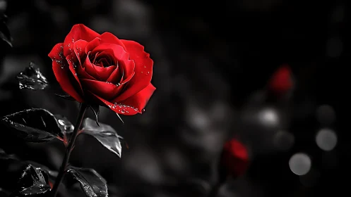 Radiant Red Rose Blooms with Dewdrops in Elegant Contrast