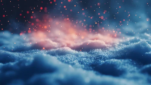 Glowing embers falling onto soft snow in dreamy, atmospheric style.