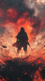 Silhouetted swordsman strides through infernal storm of fire.