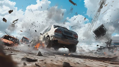 Car crash chaos erupts amid flying debris and firestorm.