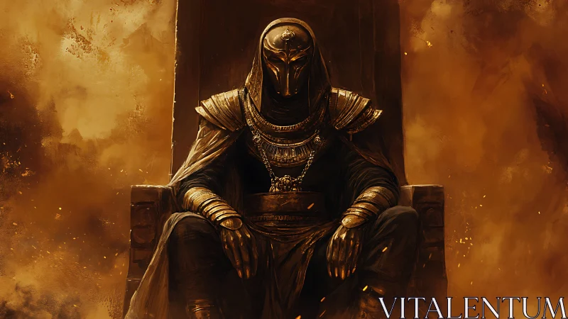 Armored pharaoh warlord seated on obsidian throne in embers