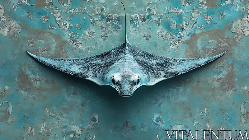 Digital painting of manta ray relief on patinated teal wall surface.
