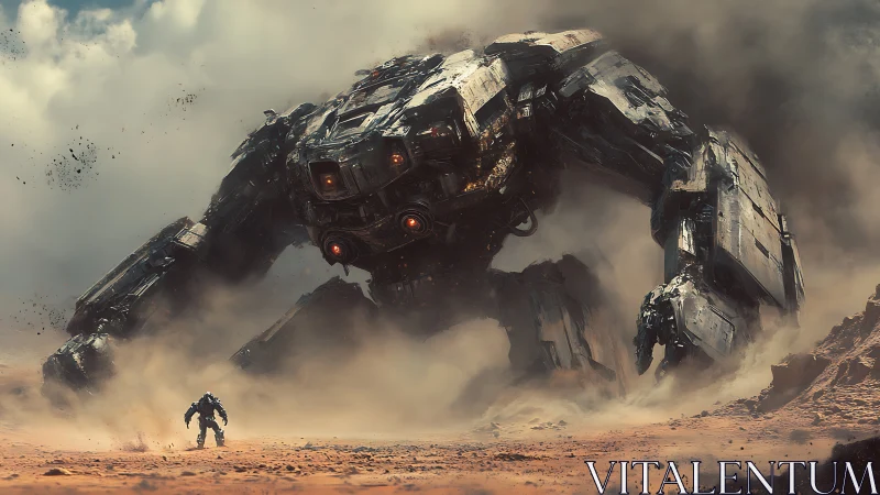 Colossal desert mech lurches toward a lone armored challenger