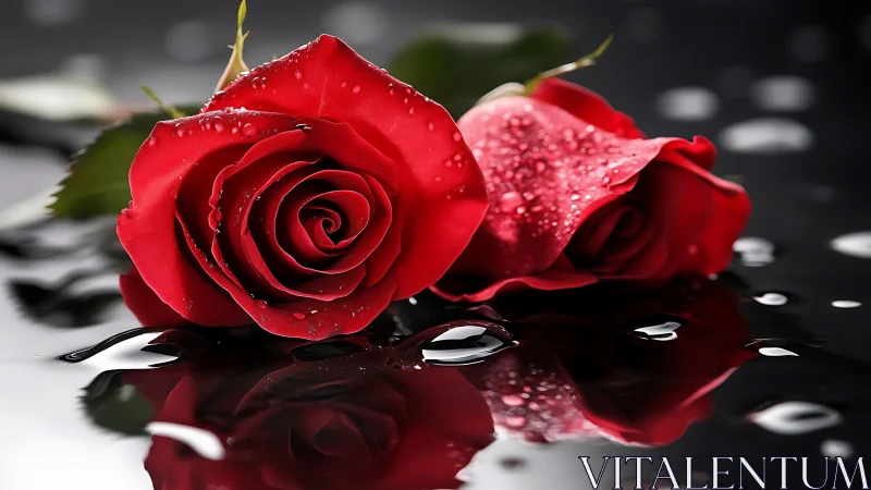 Crimson petals whisper secrets through droplet-studded darkness