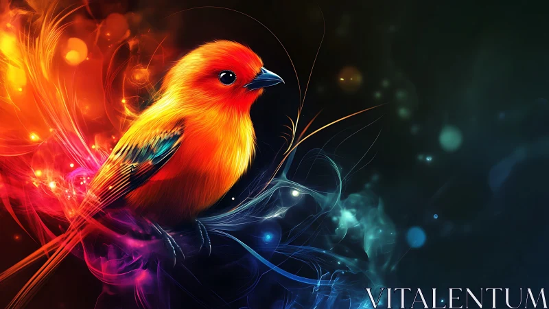 Vivid digital songbird amid swirling neon light plumes.