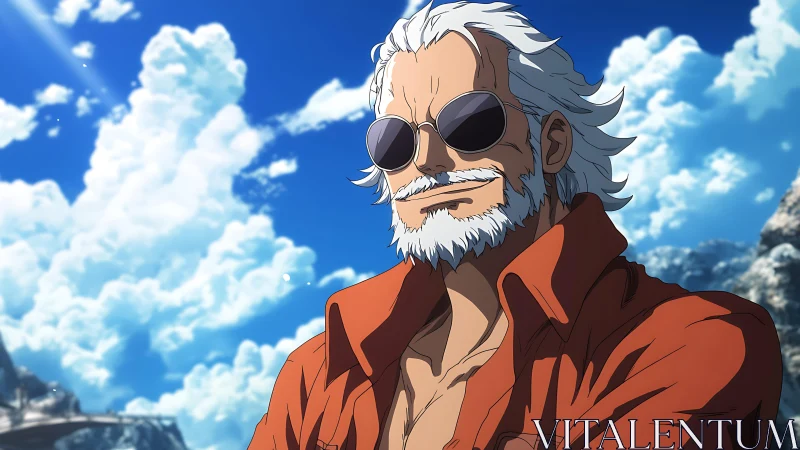 Sunlit coastal veteran in reflective aviator sunglasses.