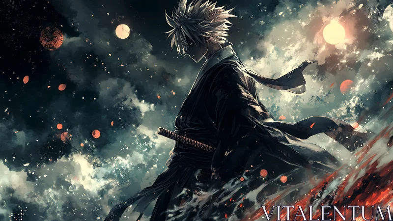 Lone silver‑haired swordsman walking through a burning sky.