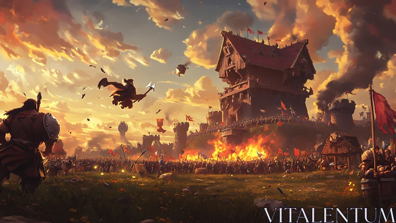 Epic fantasy siege blazing around a towering wooden keep.