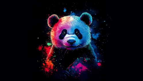Neon panda portrait glows within deep cosmic darkness.