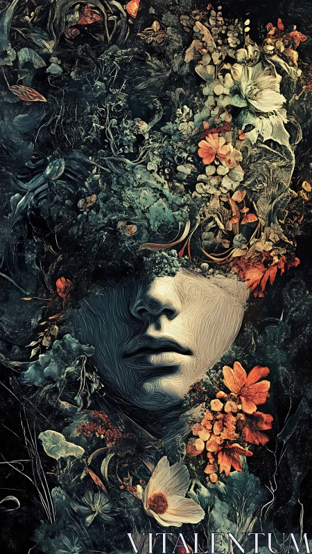 Floral human face emerging from dense dark foliage tapestry.