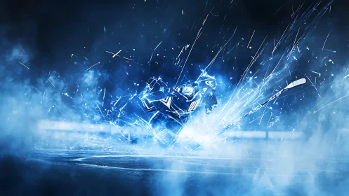 Dynamic Ice Hockey Player Executing Explosive Kinetic Action