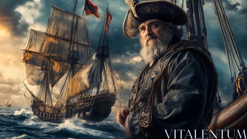 Storm-lit pirate captain commanding ornate galleon at sea.